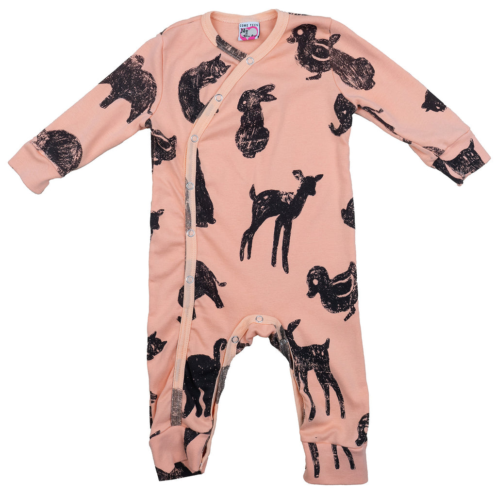 "Animal Crackers" L/S Snap Up Baby Romper Peaches