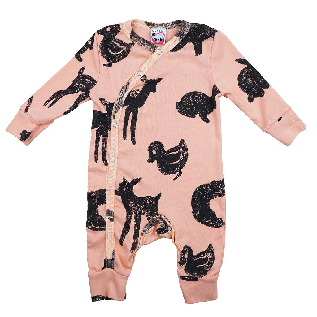 "Animal Crackers" L/S Snap Up Baby Romper Peaches