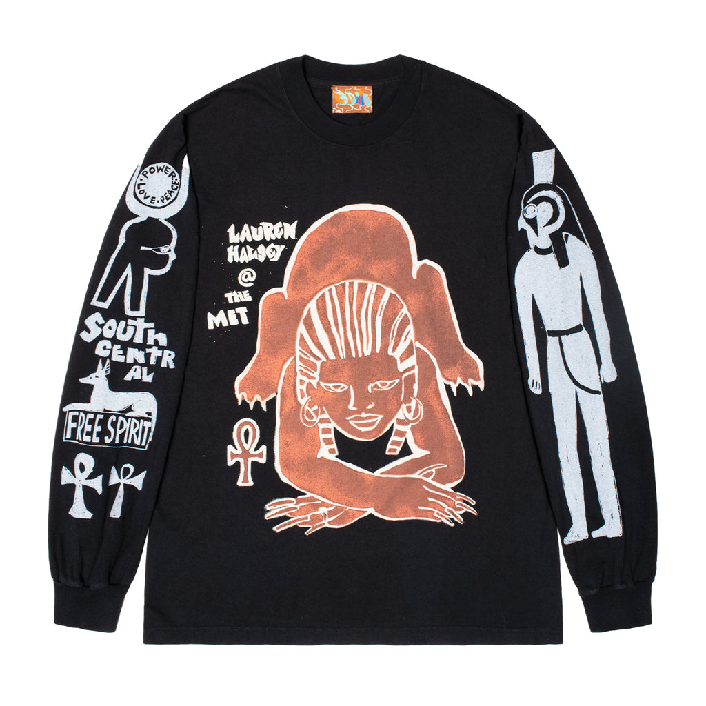 Artwork drawn by Sonya Sombreuil for Lauren Halsey, printed on a black long sleeve shirt.