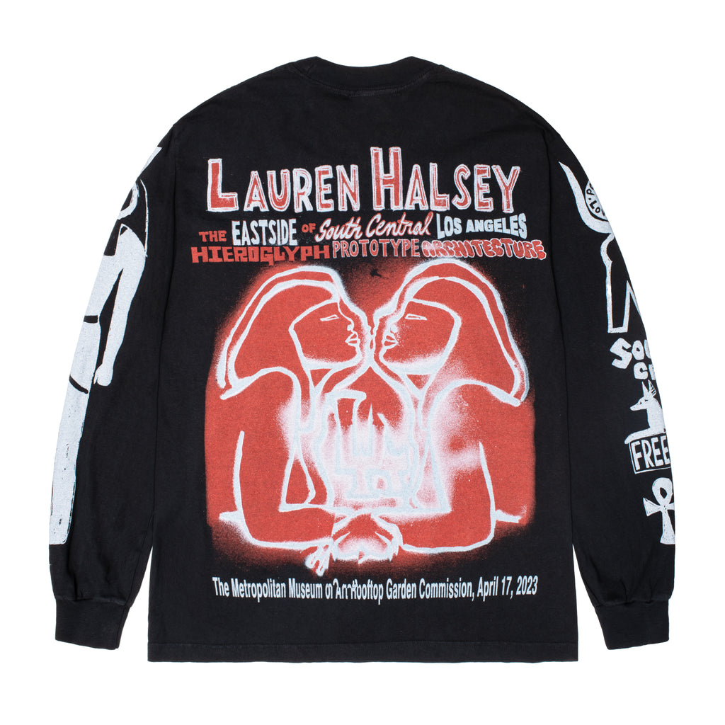 Artwork drawn by Sonya Sombreuil for Lauren Halsey, printed on a black long sleeve shirt.